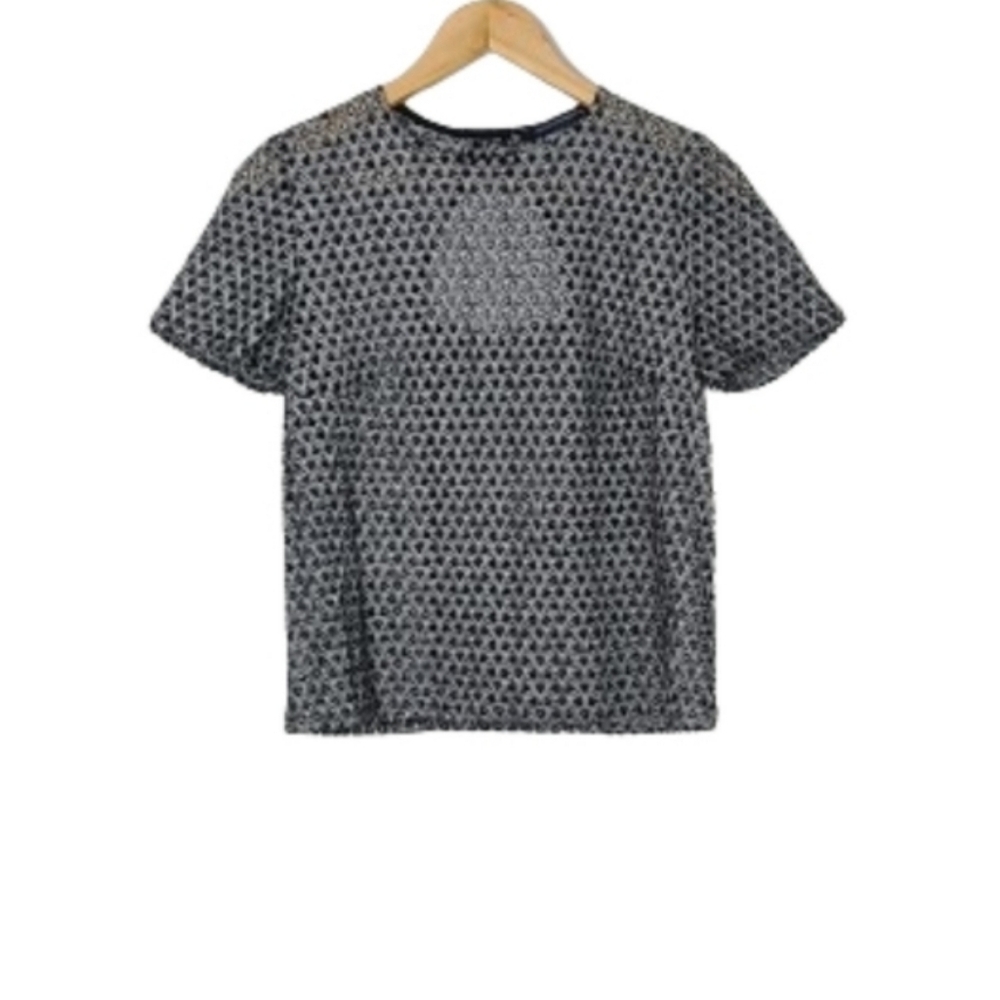 French Connection Black Silver Short Sleeve Back Cutout Eyelet Top Womens Size S